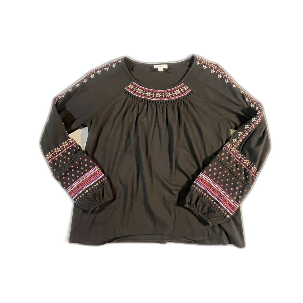 J Jill Black Boho Long Balloon Sleeve Peasant Boho Embroidered S Oversize
